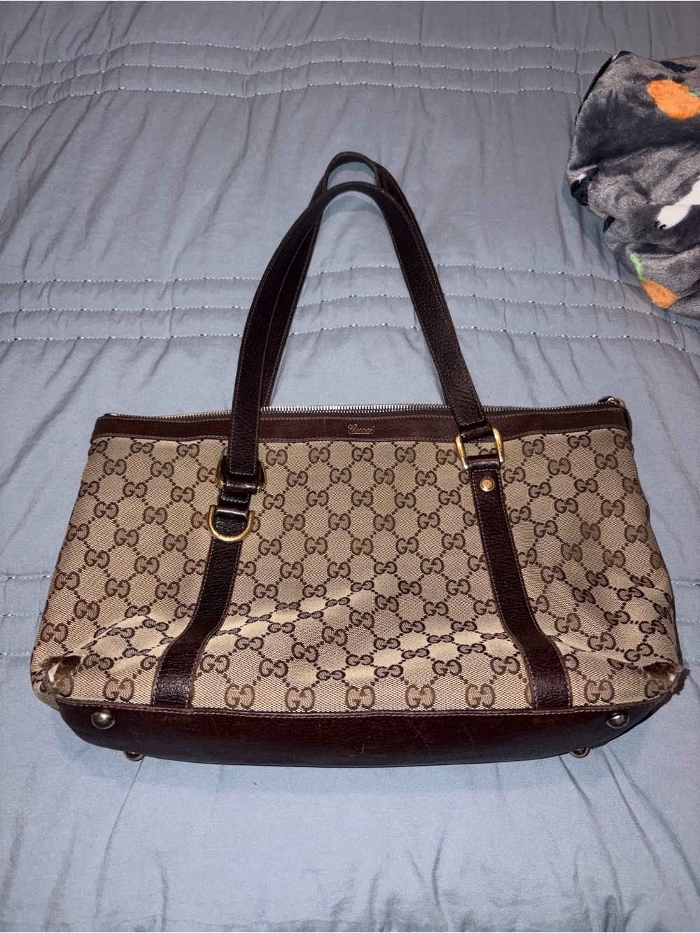 Gucci Beige GG Canvas Shoulder Bag with Brown Leather Trim